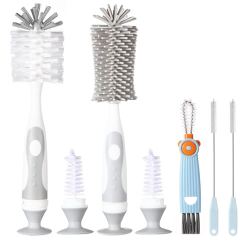 5-in-1 Baby Bottle Cleaner Set, Including Nylon & Silicone Bottle Brush, Cap, Straw & Nipple Brushes, BPA-Free (Grey)