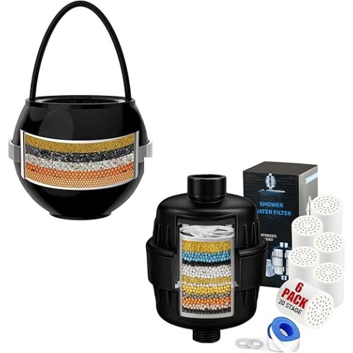 Black Bathtub and Showerhead Water Filter with 6 Cartridges Set