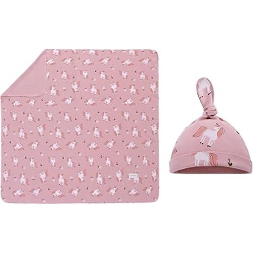 Miracle Baby Swaddle Blanket and Hat Set Newborn Swaddle Wrap Soft Stretchy Receiving Blanket for Baby Boys Girls, Large 47 x 47 inches (Pink)