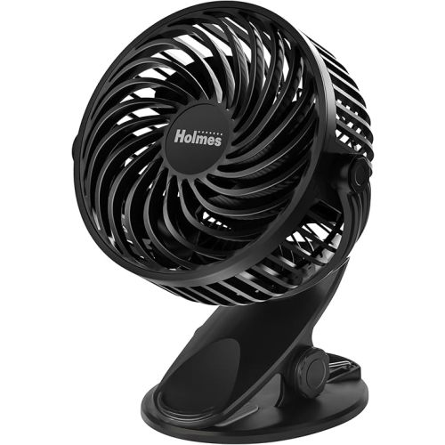 Holmes 4” On-The-Go Personal Fan with Clip – 3 Speed Settings, 360° Rotation, Rechargeable Battery, USB-C Charging, Compact & Portable Design, Black – Ideal for Desks & Personal Spaces