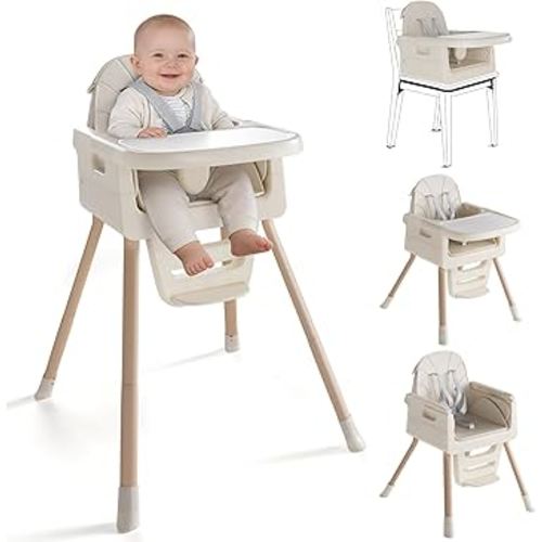 Baby High Chair for 6 Months+, Foldable High Chairs for Babies and Toddlers, Convertible Toddler Chair, Adjustable Tray & Footrest, Lightweight, Stable & Easy to Clean(White with Wood Grain)