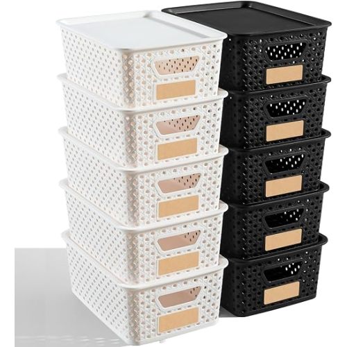 10 Pack Small Plastic Storage Bins with Lids, Stackable Plastic Storage Baskets for Organizing with Handles, Organizer Bins with Labels for Room, Craft, Containers for Pantry Organizers and Storage