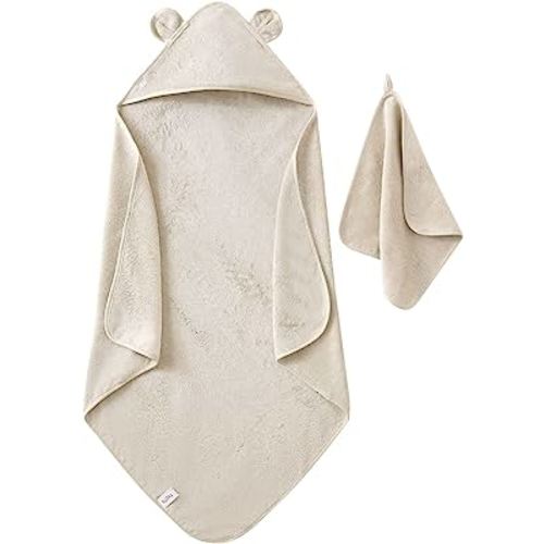 SUZEL Hooded Baby Bath Towels and Washcloths Set Buttery Soft Bamboo Viscose Baby Towels for Newborns, Infants 30 x 30 Inch, Beige