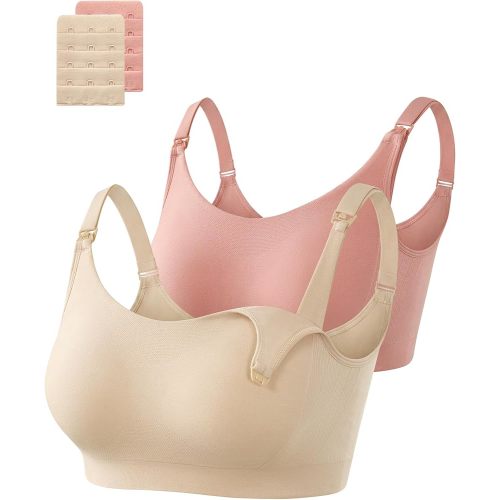 OUGES Women's Cotton 2 Pack Maternity Nursing Bras Breastfeeding Seamless Wireless Sleep Bralette with Extra Extenders