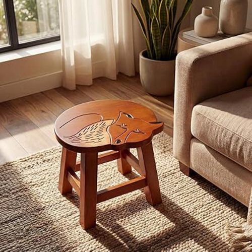 Beeveer Fox Hand-Carved Wood Foot Stool 11 Inch Decorative Animal Foot Stool Fox Wood Decorative for Planter Kitchen