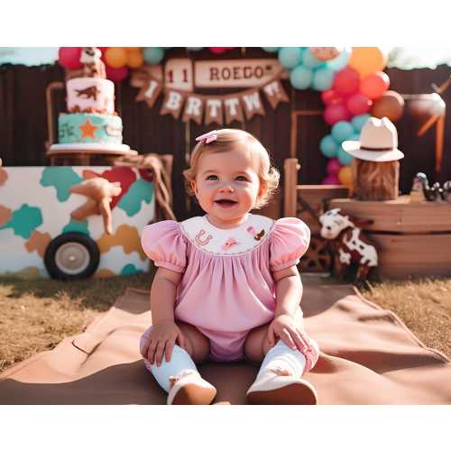 Adorable Cowgirl Smocked Romper – Pink Rodeo Outfit for Baby Girl, Embroidered Western Bubble, First Rodeo Birthday Look, Bubble Smocked