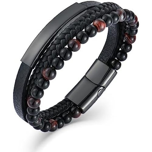 For Louie - Mens Tiger Eye Matee Black Onyx Lava Rock Volcanic Stone Beaded Bracelet, Black Braided Leather Bracelet for Men