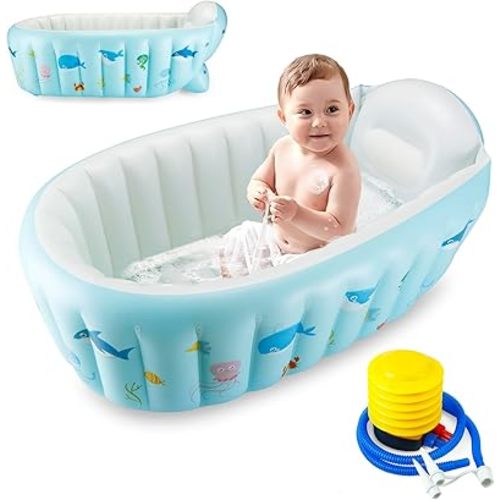 PandaEar Baby Inflatable Bathtub, Portable Travel Baby Infant Bath Tub Toddler Bathtub with Air Pump, Foldable Non-Slip Shower Basin Mini Air Swimming Pool for Newborn (Whale Blue)