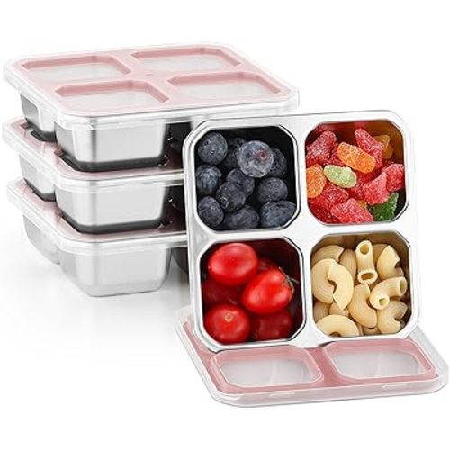 BEFOY 4 Pack Stainless Steel Snack Containers with Lids 4 Compartment Food Storage Containers for Adults Meal Prep Reusable for work or going out.(pink, 4)
