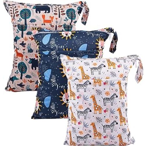 babygoal Wet Dry Bags for Baby Cloth Diapers, Washable Travel Bags, Beach, Pool, Gym Bag for Swimsuits & Wet Clothes with Two Zippered Pockets 3 Pack, 3LN25