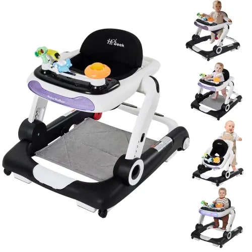 Baby Walker,4-Gear Height Adjustable Baby Walker with Wheels,5 in 1 Baby Activity Center,Music and Lights Bouncer Walker for Baby Boy 6-18 Months,Adjustable Speed Baby Push Walker