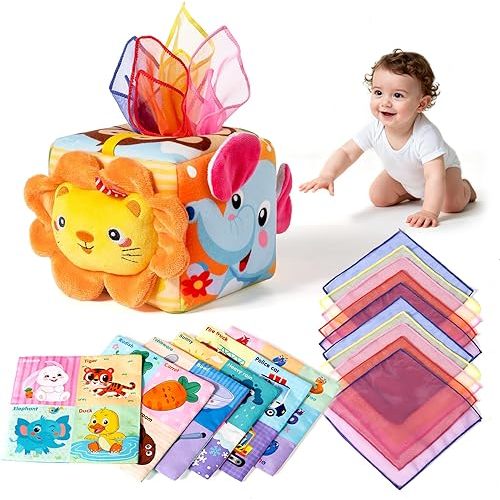 Baby Tissue Box Toy - Montessori Sensory Toys for 6-12 Months Infant, Baby Toys 6 7 8 9 Month - 1 Year Old with 6 Crinkle Tissues & 10 Scarves, Developmental Tissue Pulling Toy Boy Girl Birthday Gift