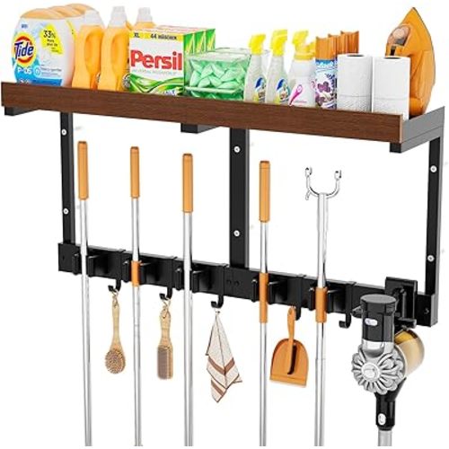 Broom Holder Wall Mount with Cleaning Supplies Organizer, Laundry Room Shelves with Mop Hanger Rack Gripper Hooks and Vacuum Organizer, Broom and Mop Organizer Wall Hanging for Home Garage Kitchen