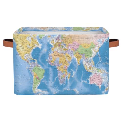 AUUXVA Globe World Map Storage Basket Collapsible Cloth Storage Cube Basket Bins Organizer with Handles Rectangular Large Toys Shelf Closet for Nursery Bedroom Home Office