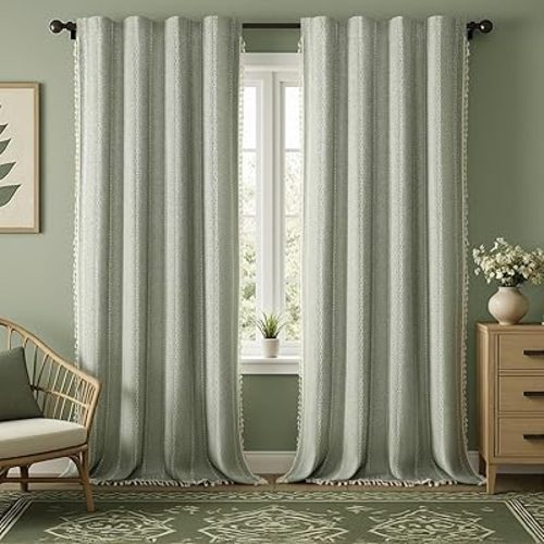 XOGUIBO Boho Blackout Curtains 96 Inches Long Sage Green Linen Blend 2 Panels with Tassels and Cotton Embroidery, Farmhouse Vintage Rustic Rod Pocket Drapes for Living Room or Bedroom