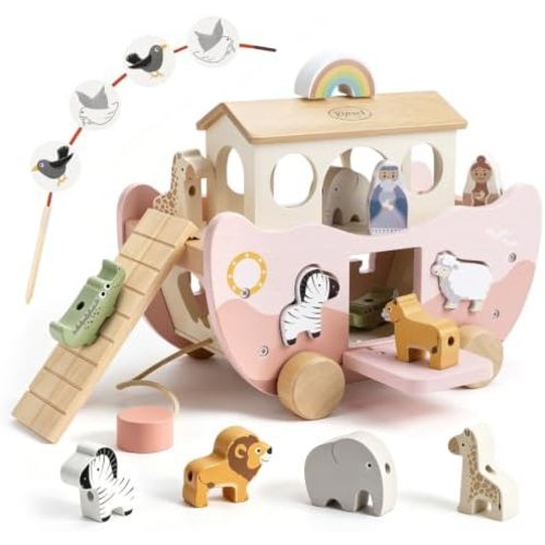 Joyreal Pink Wooden Noah's Ark Toy for 1 Year Old Baby Girl Baptism Gifts