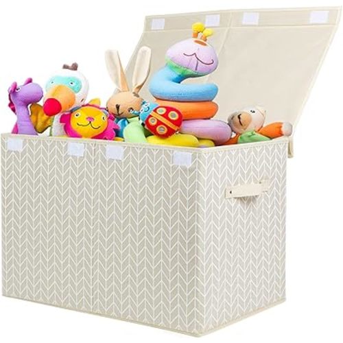 Mayniu Kids Toy Storage Box Chest with Lid, Sturdy Toy Bin Organizer for Kids, Girls, Boys, Living Room, Nursery, Bedroom, Playroom 25"x13" x16" (Beige)
