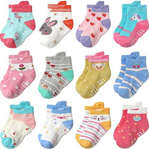 Aroveea Non Slip Grip Ankle Baby Socks 12 Pack for Toddler Boys and Girls Kids Infant Baby Cute Cotton Socks