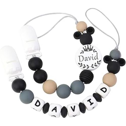 Personalized Pacifier Clip with Name, Customizable Pacifier Clip (2 Pack) (Mouse-Black)