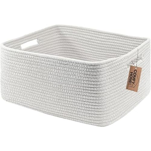 COMFY-HOMI Cotton Rope Woven Basket with Handles for Shelves,Toys,Book, Cloth Storage Baskets Bin for Organizing- 1 PCSToy Decorative Organizer for Living Room, Bathroom 17" x 13" x 7.5"