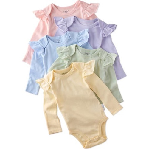 Ashley Ruffle Long Sleeve Organic Cotton Assorted 5-Pack Bodysuits, 0-3M