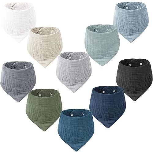 Konssy Muslin Baby Bibs 10 Pack Baby Bandana Drool Bibs 100% Cotton for Unisex Boys and Girls, Soft Absorbent Set for Teething and Drooling