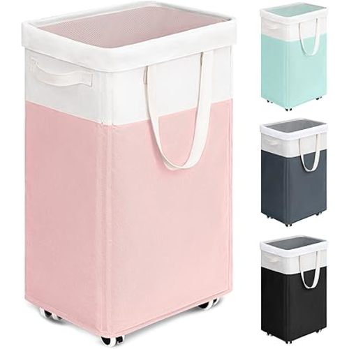 Goodpick Laundry Basket with Wheels, 75L Tall Clothes Hamper, Large Laundry Basket with Removable Wash Bag for Corner Dorm, Rolling Hamper, Pink&White