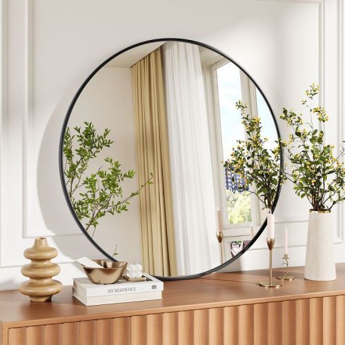 24'' Circle Mirror, Round Mirror, Black Metal Frame Round Mirror for Wall, Round Bathroom Mirror for Entryway, Bedroom, Vanity
