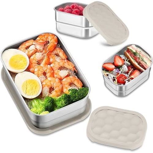 HaWare Stainless Steel Lunch Box Containers for Kids, Leak Proof Food Storage Containers with Khaki Silicone Lids, Easy Open Bento Box for School and Daycare, Portable Metal Snack Box (8oz*2+25oz)