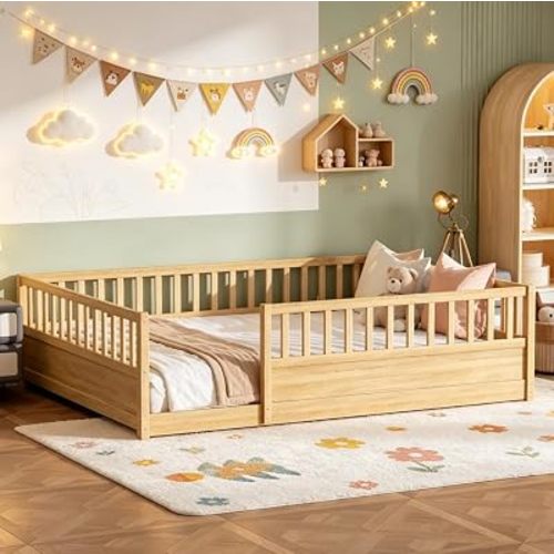 Bellemave Queen Floor Bed with high Fence, Wood Montessori Bed for Kids, Natural