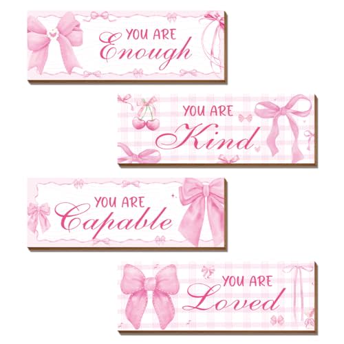 Riletese 4 Pcs Pink Bow Wall Decor, Pink Room Decor for Teen Girls, Inspirational Positive Affirmations Wooden Wall Art Decor, Coquete Wall Hanging Signs for Bathroom Apartment