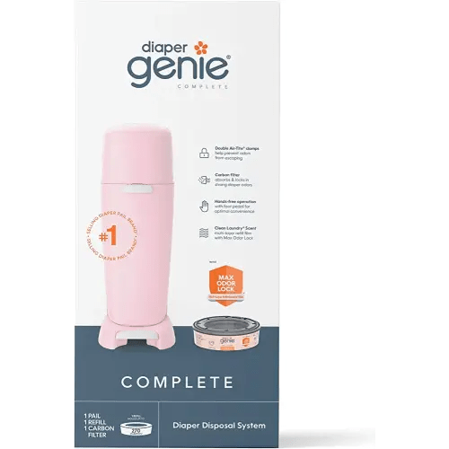Diaper Genie Complete Diaper Pail (Pink) with Antimicrobial Odor Control | Includes 1 Diaper Trash Can, 1 Refill Bags, 1 Carbon Filter