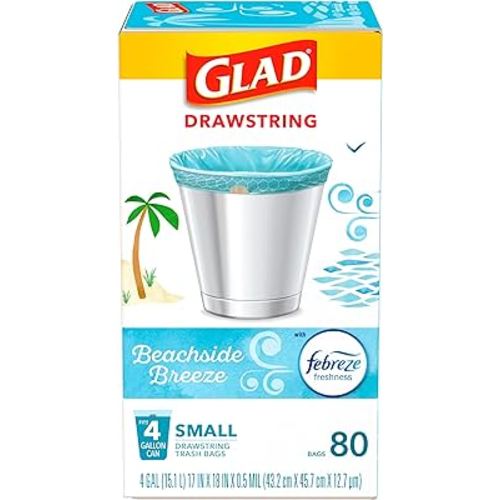 Glad OdorShield Small Drawstring Trash Bags, Febreze Beachside Breeze, 4 Gal, 80 Ct