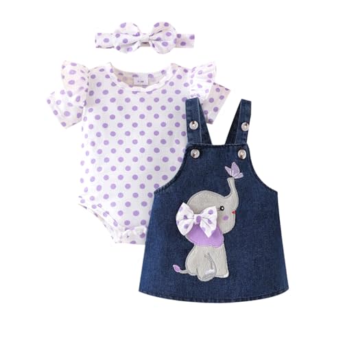 Baby Girl Clothes Newborn Ruffle Romper Elephant Jeans Skirt 0-18M | Soft Romper, Adjustable Jean Skirt with Headband Elephant Butterfly Design, Snap Closure, Everyday Wear