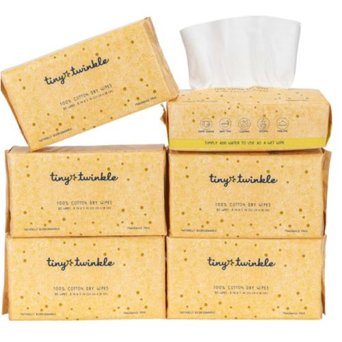 Tiny Twinkle 100% Cotton Dry Wipes for Baby | 480 Count | Use Wet or Dry | Scent Free (Fragrance-Free), Hypoallergenic & Chemical-Free | Ultra Soft, Strong & Gentle for Sensitive Skin