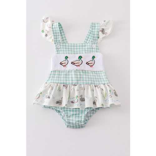 Baby Girl Duck Swimsuit: Sage Green Gingham Ruffle One Piece