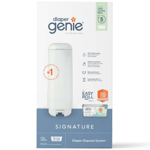 Diaper Genie Signature White Pail Includes 1 Easy Roll Refill with 18 Bags