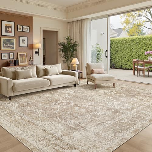 Madane 8x10 Area Rugs for Living Room, Washable Neutral Rug Beige/Brown | Non-Slip Backing, Soft Vintage Floral Print Large Throw Rugs Thin Carpet for Bedroom Dining Room Farmhouse Home Office 8'x10'