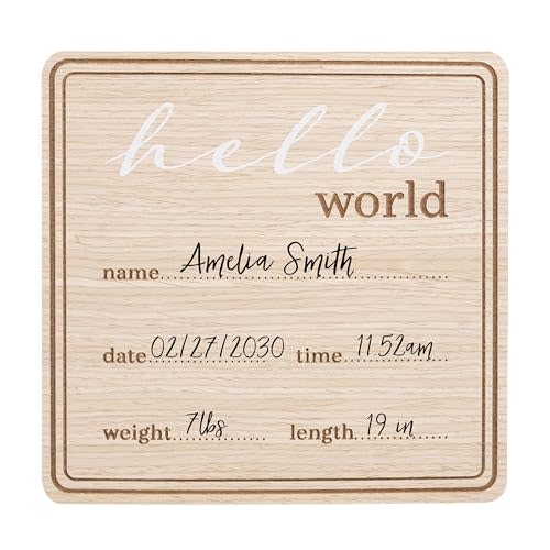 Kate & Milo Wooden Hello World Birth Announcement Photo Prop, Newborn Milestone Sign with Birth Details for Hospital and Newborn Photos