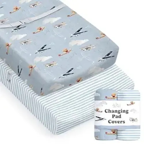 Baby Changing Pad Cover 2-Pack for Boys, Girls (Watercolor Airplanes and Clouds) - Premium Fitted Sheets Baby Diaper Changing Table Cover - Buttery Soft Cotton Blend