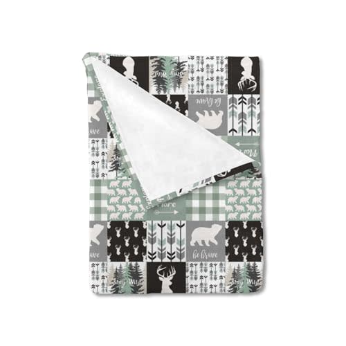 HawSkgFub Animal Bear Deer Arrow Baby Blanket Boy Gift, Teal Blue Plaid Patchwork Explore Be Brave Stay Wild Flannel Fleece Nursery Bed Blankets Soft Newborn Infant Toddler Crib Bedding 30x40