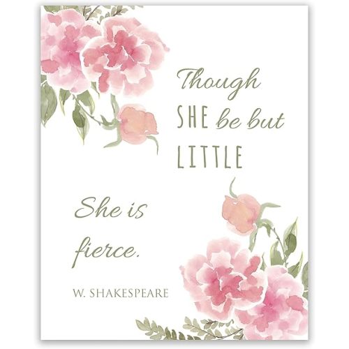 Though She Be But Little, She is Fierce nursery print, Shakespeare quote, little girl nursery, Pink floral wall art 8x10 ((unframed))