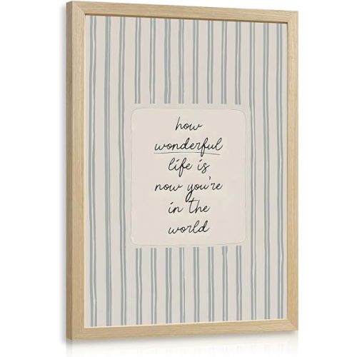 YZELY Baby Nursery Quote Wall Art, How Wonderful Life Is Now You're in the World Wall Decor, Blue Stripe Neutral Poster Print, Minimalist Inspirational Artwork for Kids Room Newborn 12x16 Inch