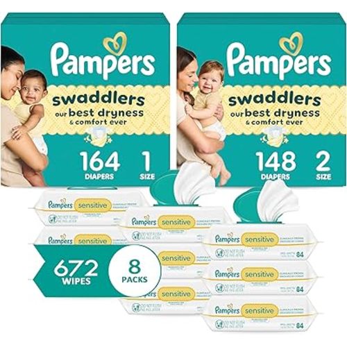 Pampers Baby Diapers and Wipes Starter Kit, Swaddlers Disposable Baby Diapers Sizes 1 (164 Count) & 2 (148 Count) with Sensitive Water Based Baby Wipes 8X Pack Pop-Top (672 Count)