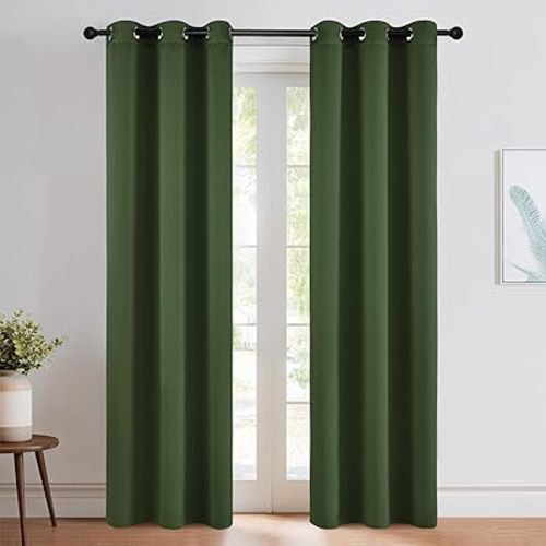 NICETOWN Dark Green Blackout Cafe Satin Curtains for Small Windows, 42" Wide by 84" Long, 2 Panels, Grommet Noise Reducing Faux Silk Blackout Drapes for Dining Room