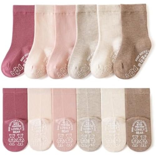 Baby Girls Non-Slip Socks 6 Pairs Cotton Infants Socks with Silicone Grips Soft Breathable Seamless Toe for Toddler