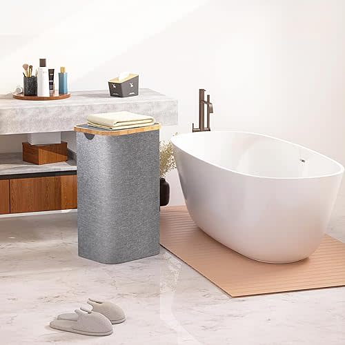 100L Laundry Basket with Lid, Laundry Hamper with Bamboo Handles and Removable Inner Bag, Clothes Hampers for Laundry - Grey