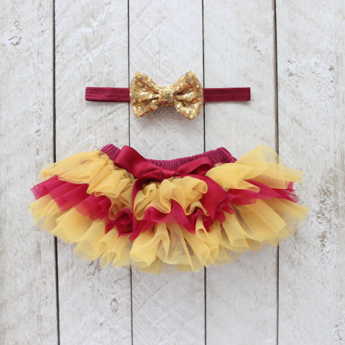 TEAM COLORS Baby Girl Ruffle Bottom Tutu Bloomer & Headband Set in Maroon Burgundy Gold - Newborn - Cake Smash - Diaper Cover - Baby Gift