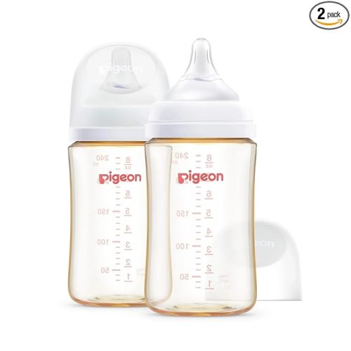 Pigeon PPSU Nursing Baby Bottle Wide Neck, Anti-Colic, Streamlined Body, Natural Feel, Easy to Clean, 8.1 Oz(Pack of 2), Includes 2pcs M Nipples (3m+)