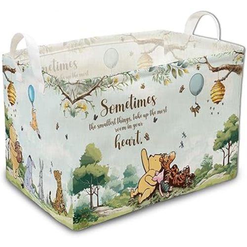 Blue Winnie Storage Basket with Handles, the Pooh Baby Stuff Storage Basket, Winnie Baby Nursery Hamper Decor, Foldable and Waterproof Canvas for Bathroom and Bedroom SetClothes,Toys Bin